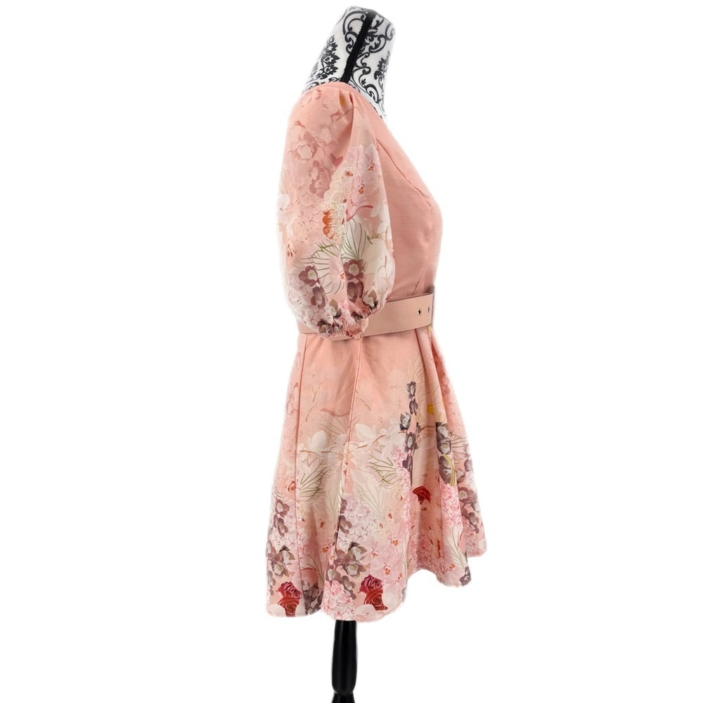 INA Pink Floral Puff Sleeve Belted Mini Dress | Romantic Spring Garden Party - Picture 5 of 10
